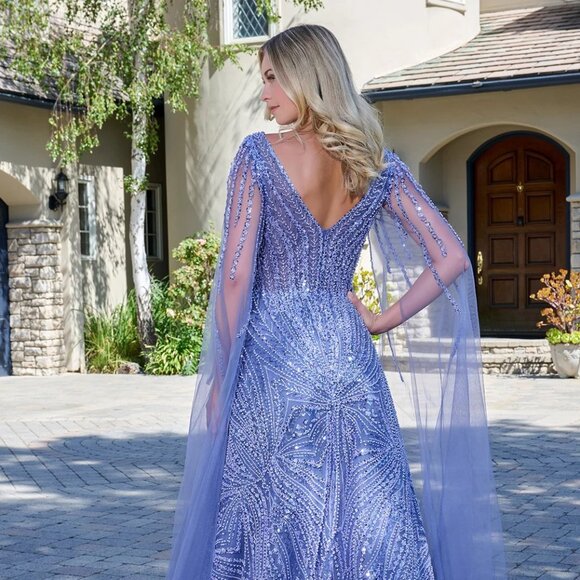 New Smoky Blue Beaded Maxi Mother Of Bride Mesh Gown w/ Cape Sleeves GL3833 - Picture 12 of 13